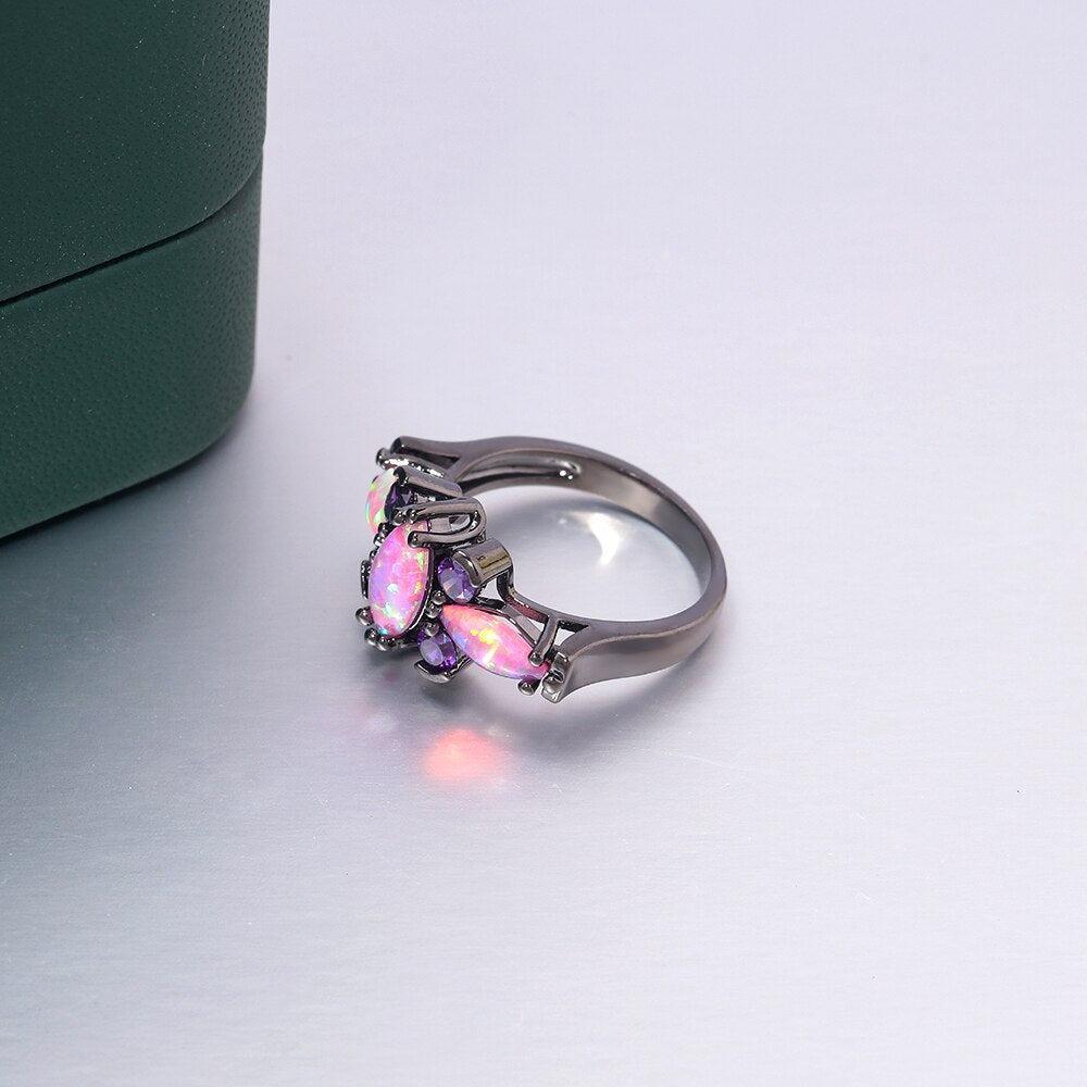 Radiant Black Gold Triple-Pink Fire Opal Statement Ring - Lucid Fantasy 