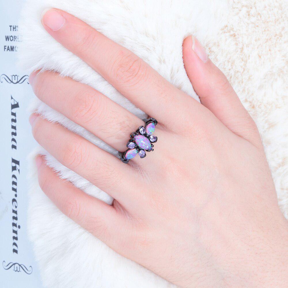 Radiant Black Gold Triple-Pink Fire Opal Statement Ring - Lucid Fantasy 