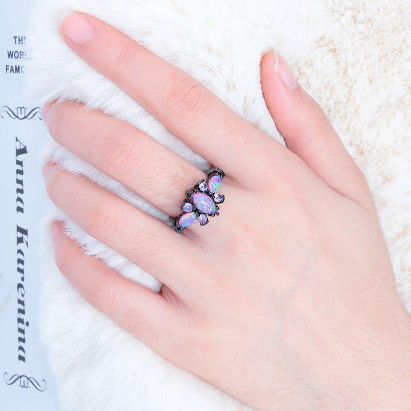 Radiant Black Gold Triple-Pink Fire Opal Statement Ring - Lucid Fantasy 