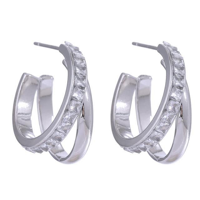 Refined Dual Crescent CZ Dangle Earrings with Shiny Metallic Finish - Lucid Fantasy 