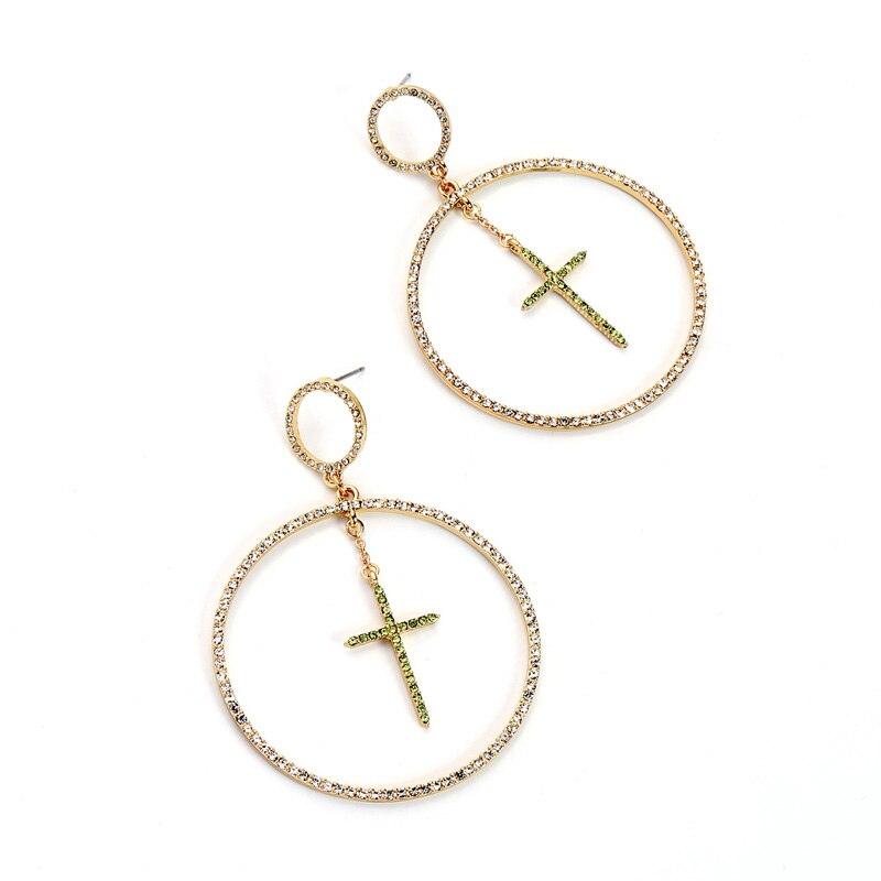 Rhinestone Cross Dangle Hoop Earrings with Glitter Stone Accents - Lucid Fantasy 