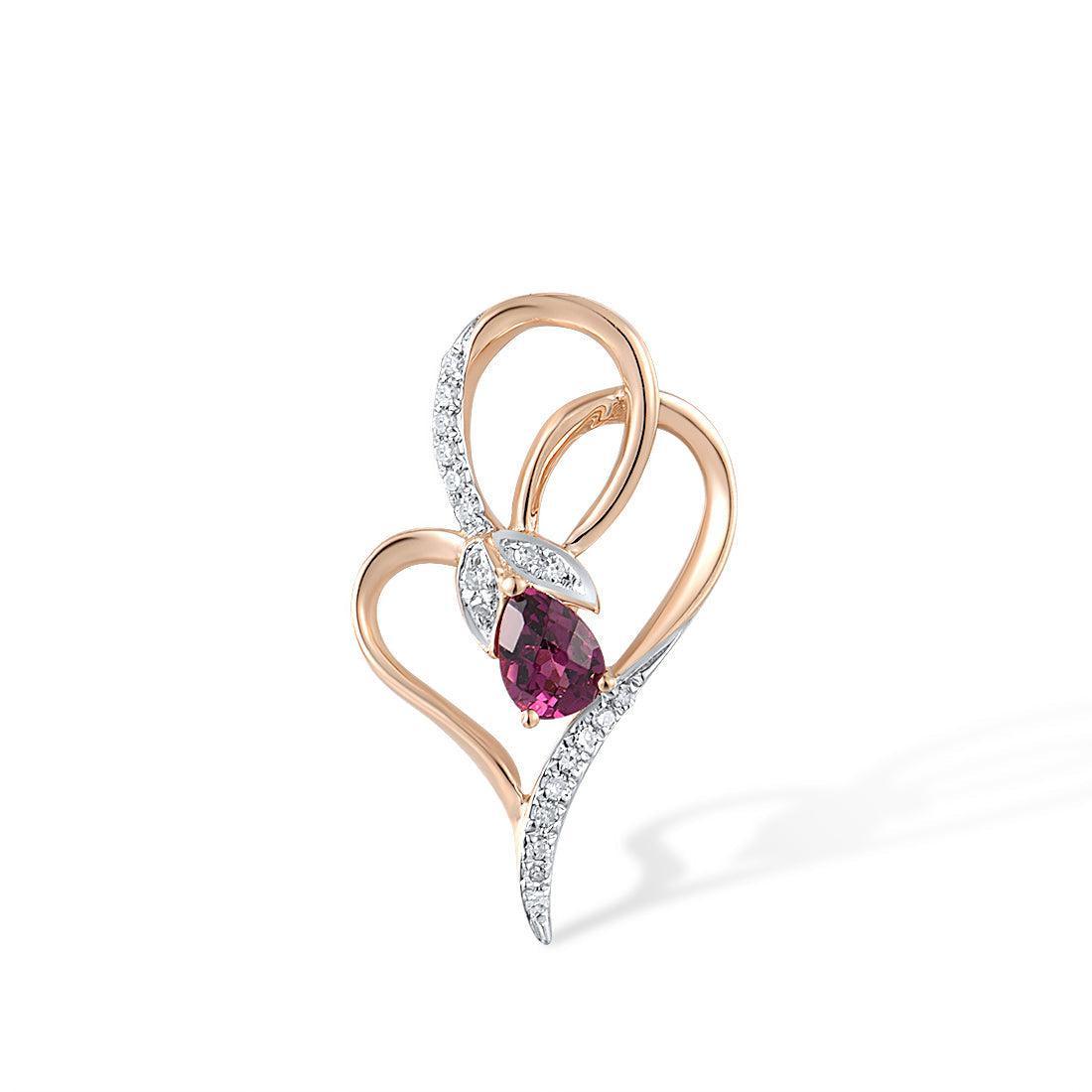 Rose Gold 14k Heart Flower Pendant Necklace with 0.04ct Diamond Pave and 0.28ct Pear Cut Rhodolite Garnet - Lucid Fantasy 