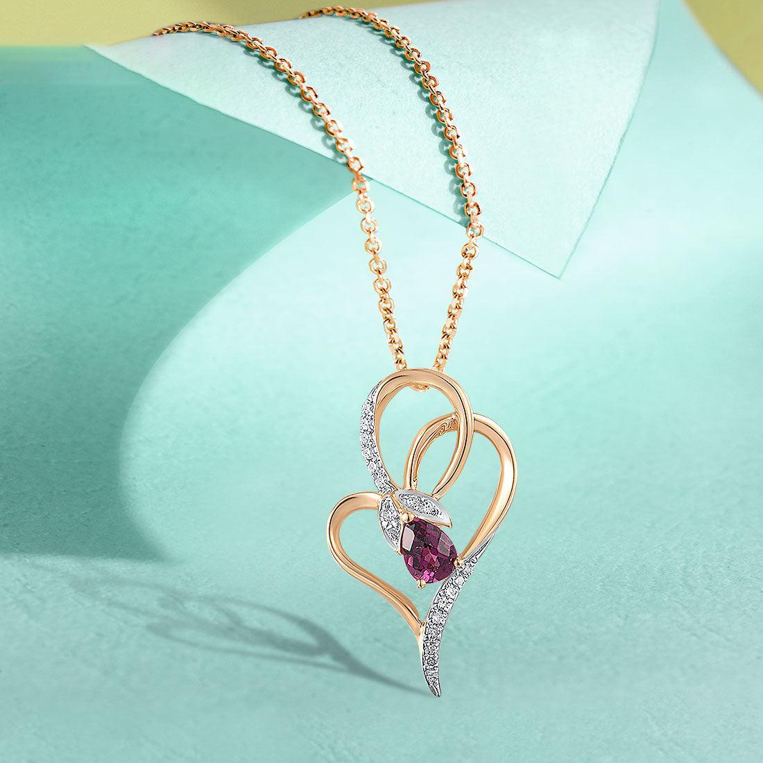 Rose Gold 14k Heart Flower Pendant Necklace with 0.04ct Diamond Pave and 0.28ct Pear Cut Rhodolite Garnet - Lucid Fantasy 