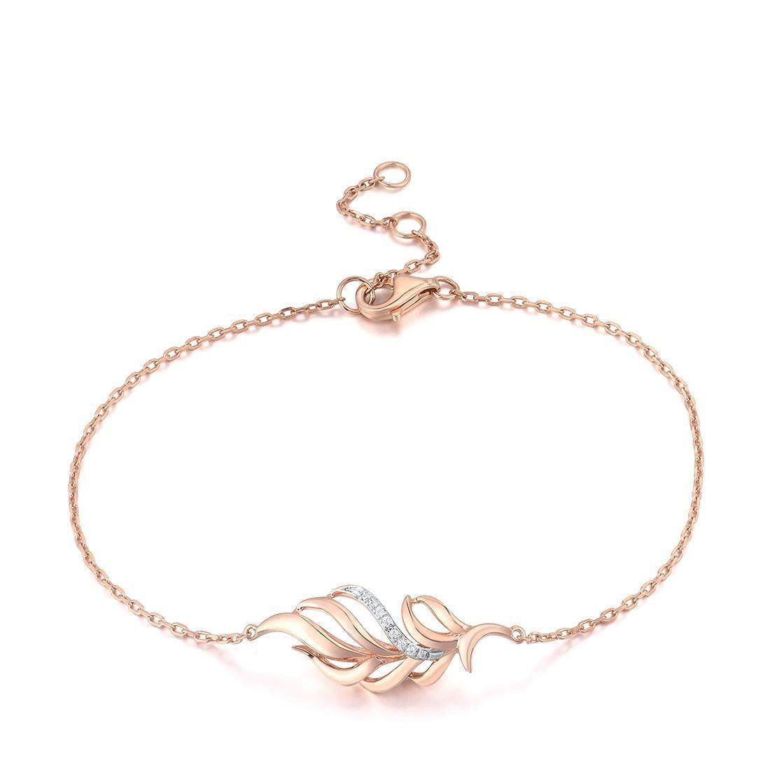 Rose Gold 14k Leaf Charm Bracelet with 0.02ct Round Diamond Accents - Lucid Fantasy 