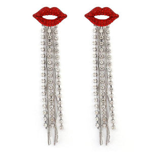 Silver Hot Lips Crystal Tassel Statement Earrings