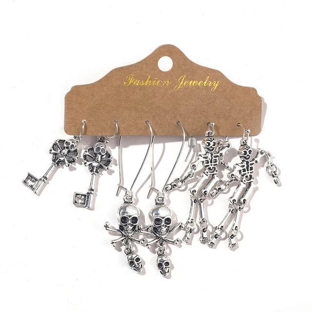 Skeleton-Themed Silver Dangle Earrings - 3 Pair Variety Set - Lucid Fantasy 