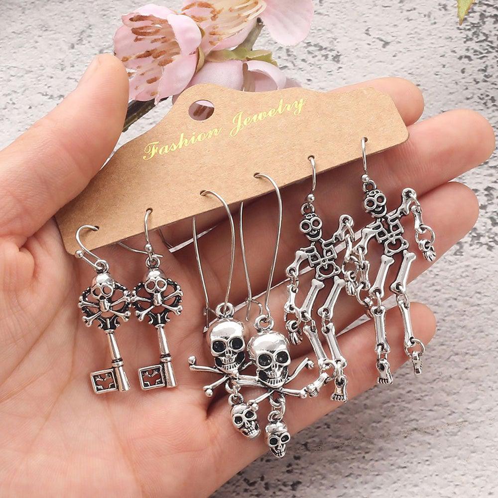 Skeleton-Themed Silver Dangle Earrings - 3 Pair Variety Set - Lucid Fantasy 