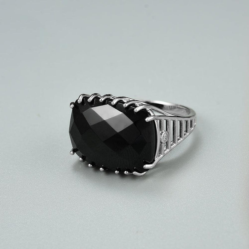 Sterling Silver Antique Black Spinel Checkerboard Cut Statement Ring - Lucid Fantasy 