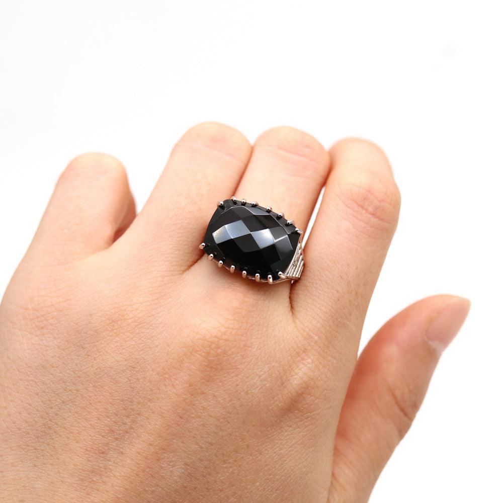 Sterling Silver Antique Black Spinel Checkerboard Cut Statement Ring - Lucid Fantasy 