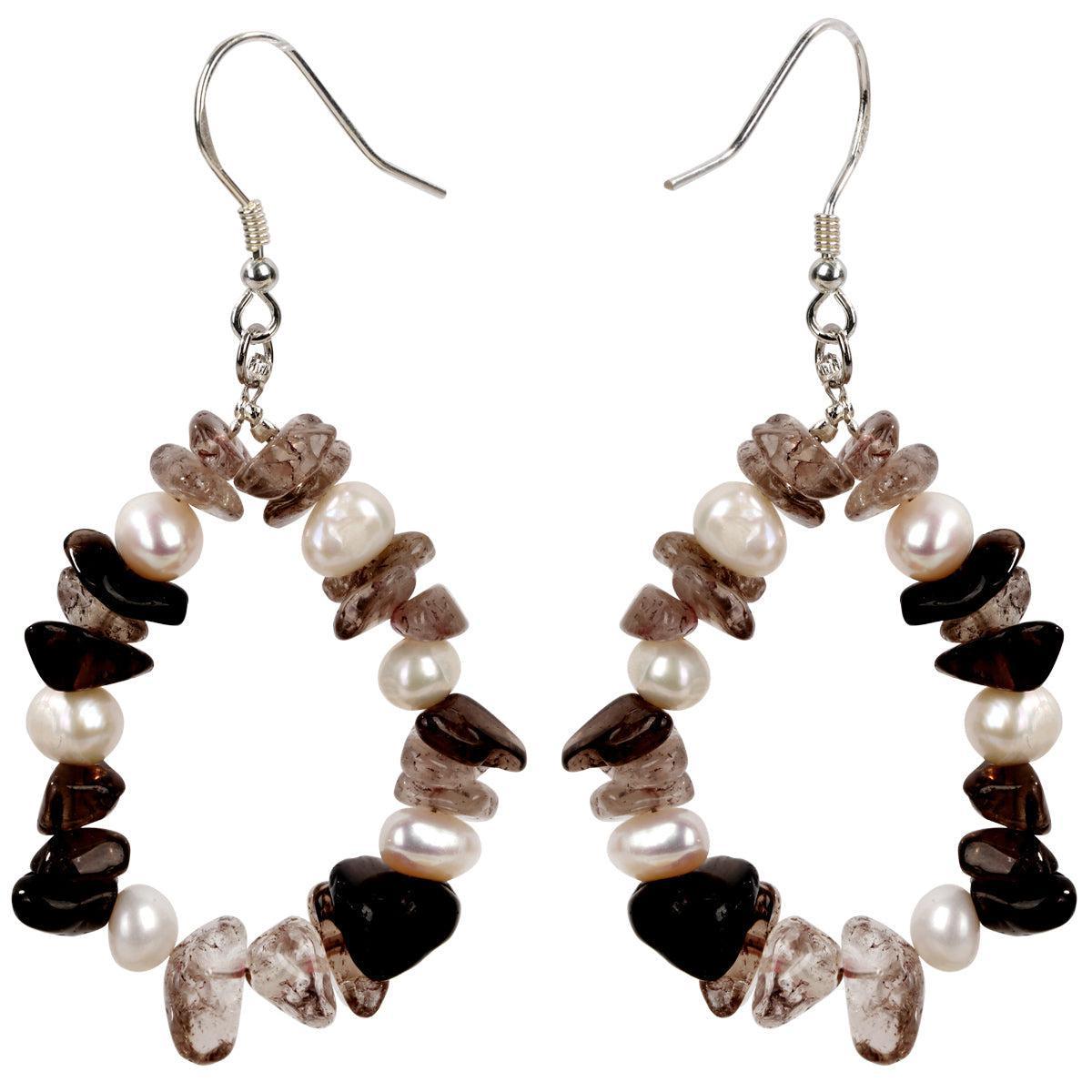 Sterling Silver Baroque Pearl & Smoky Quartz Hoop Dangle Earrings - Lucid Fantasy 