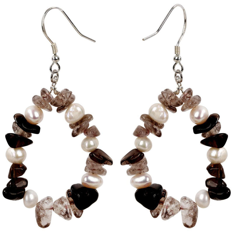 Sterling Silver Baroque Pearl & Smoky Quartz Hoop Dangle Earrings - Lucid Fantasy 