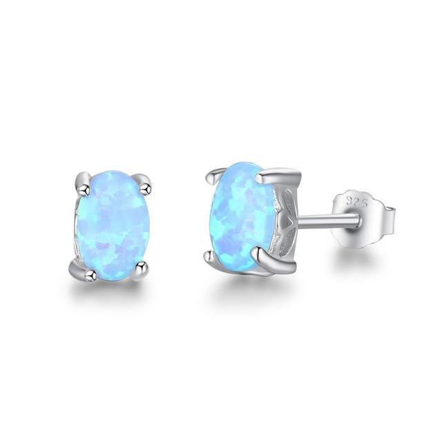 Sterling Silver Cabochon Opal Stud Earrings in Blue, White, and Pink - Lucid Fantasy 