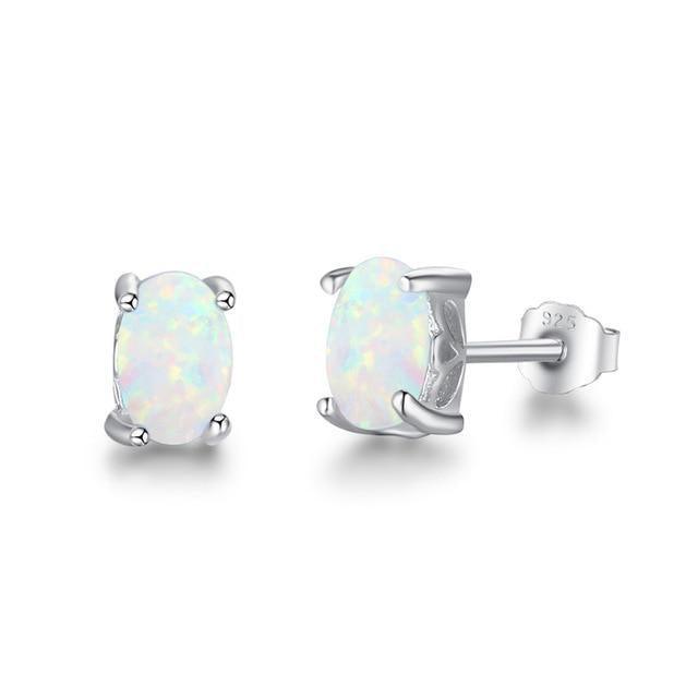 Sterling Silver Cabochon Opal Stud Earrings in Blue, White, and Pink - Lucid Fantasy 