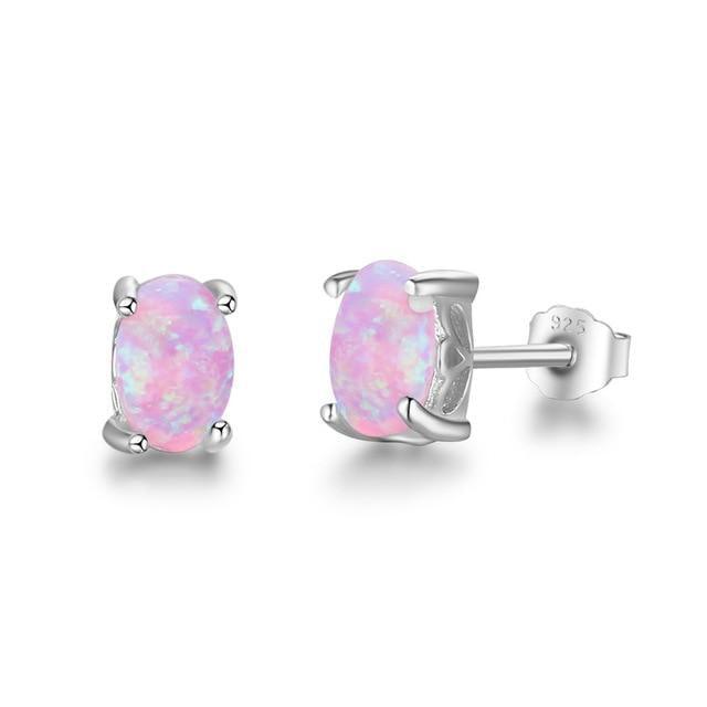 Sterling Silver Cabochon Opal Stud Earrings in Blue, White, and Pink - Lucid Fantasy 