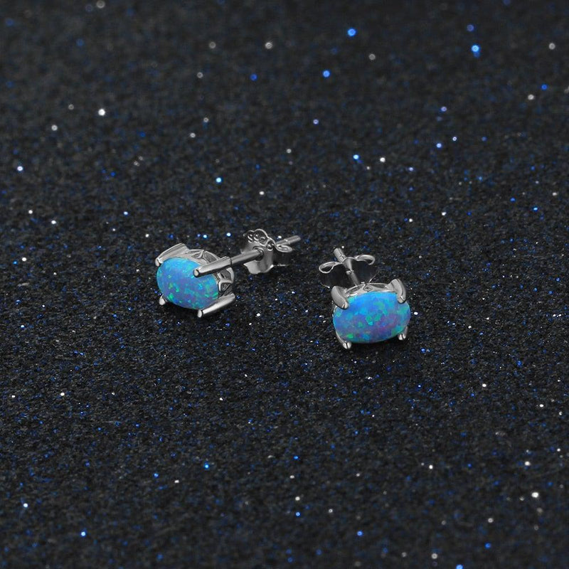 Sterling Silver Cabochon Opal Stud Earrings in Blue, White, and Pink - Lucid Fantasy 