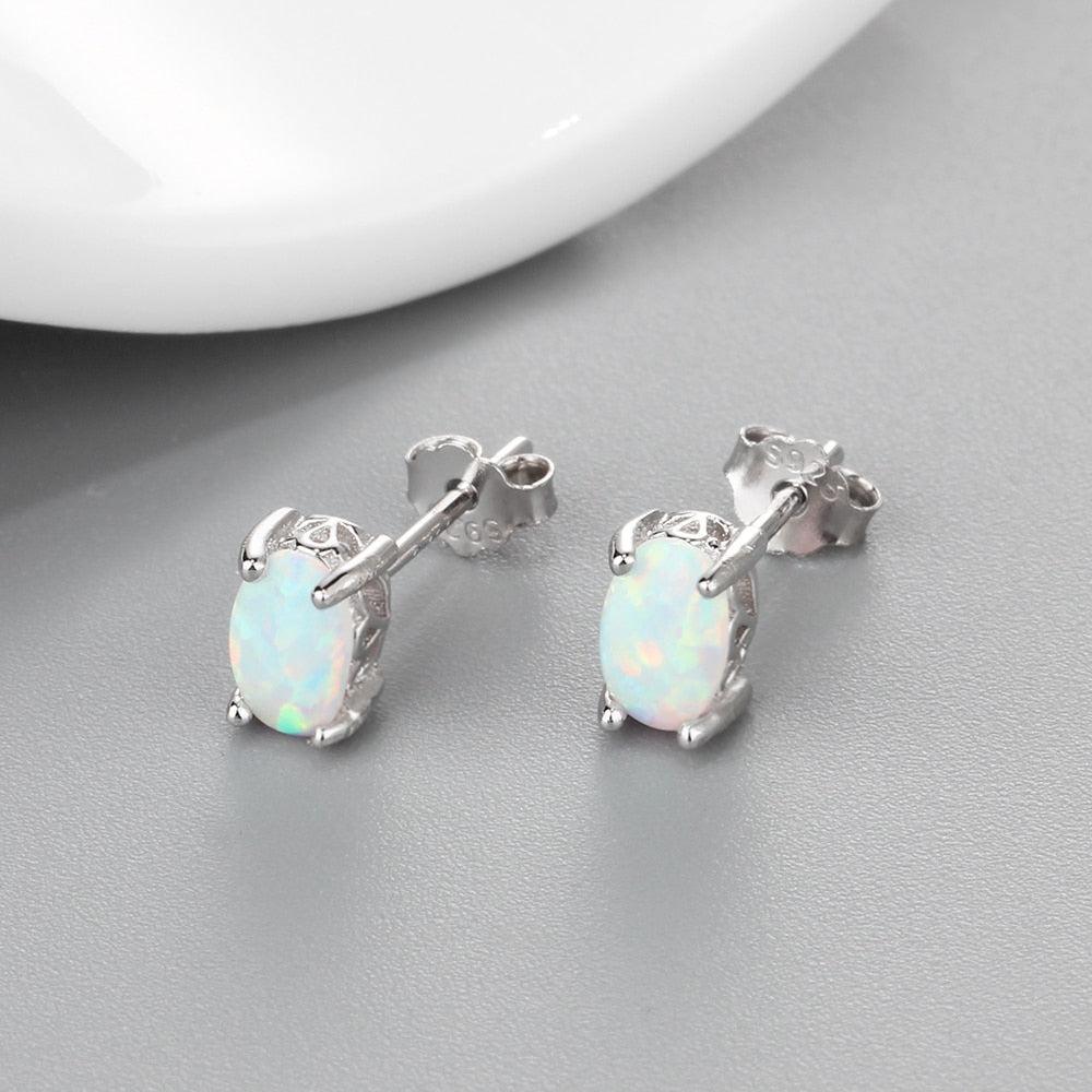 Sterling Silver Cabochon Opal Stud Earrings in Blue, White, and Pink - Lucid Fantasy 