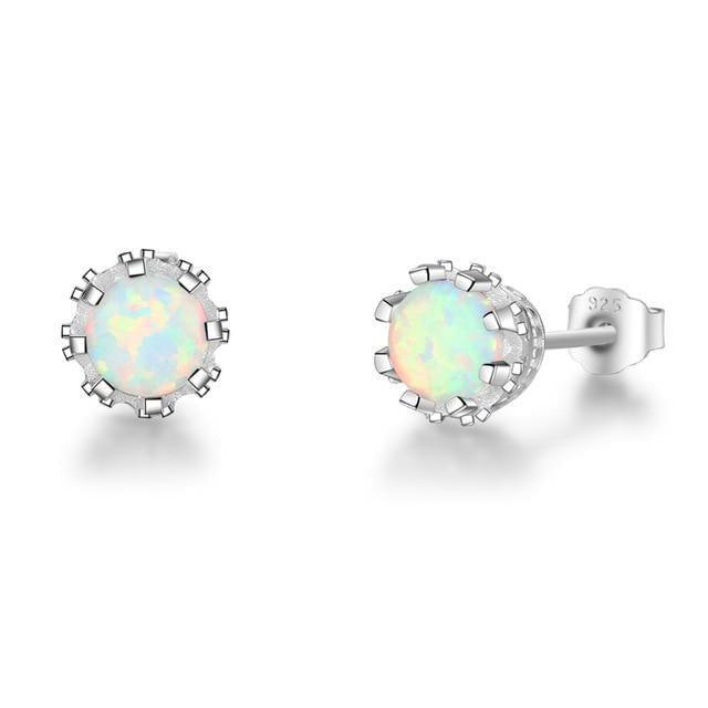 Sterling Silver Cabochon Opal Stud Earrings in White, Blue, and Pink - Lucid Fantasy 