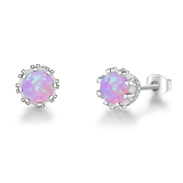 Sterling Silver Cabochon Opal Stud Earrings in White, Blue, and Pink - Lucid Fantasy 