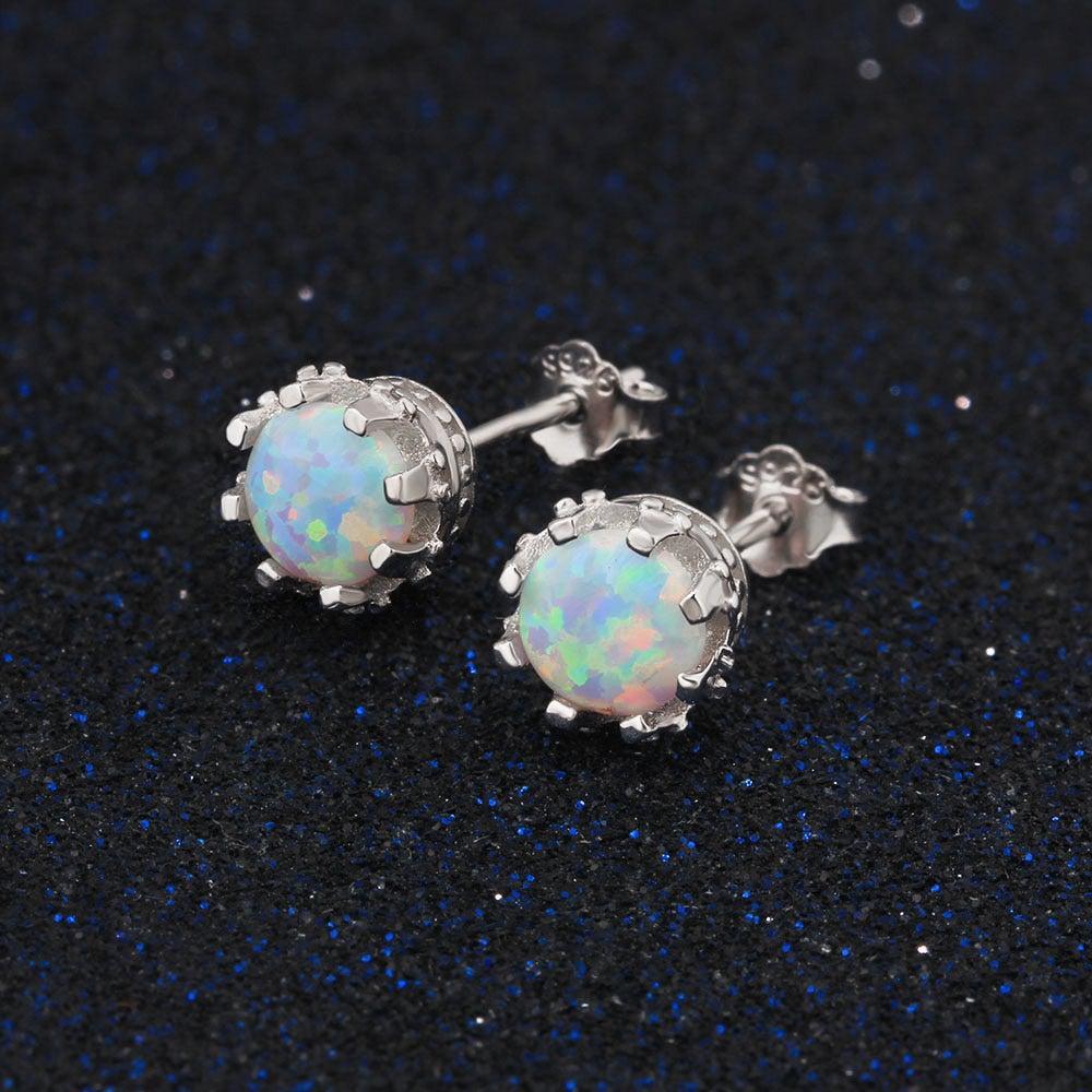 Sterling Silver Cabochon Opal Stud Earrings in White, Blue, and Pink - Lucid Fantasy 