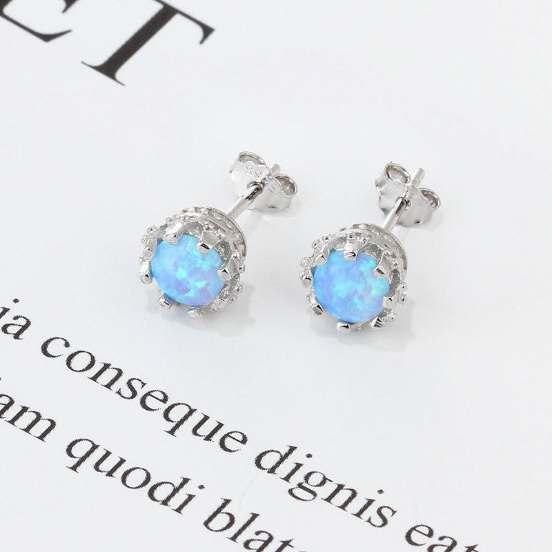 Sterling Silver Cabochon Opal Stud Earrings in White, Blue, and Pink - Lucid Fantasy 