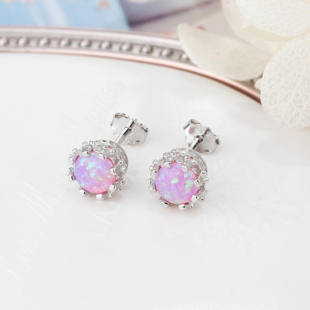 Sterling Silver Cabochon Opal Stud Earrings in White, Blue, and Pink - Lucid Fantasy 