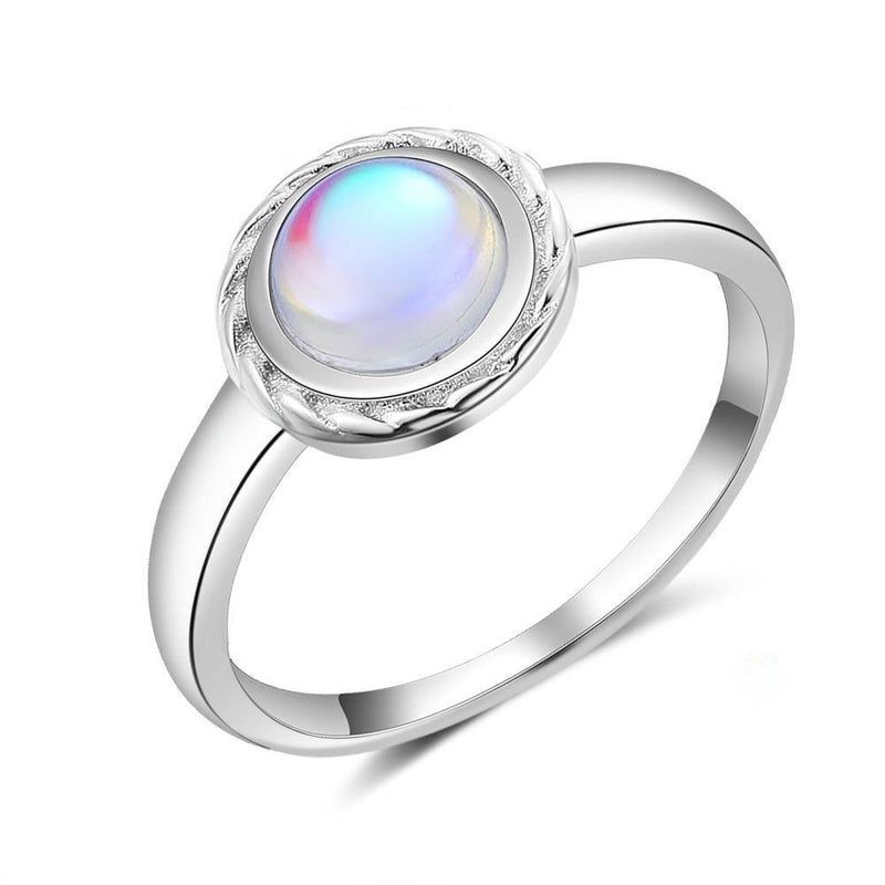 Sterling Silver Etched Halo Ring Featuring a Stunning Cabochon Rainbow Moonstone - Lucid Fantasy 