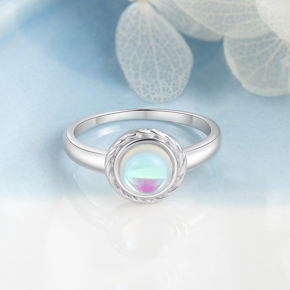 Sterling Silver Etched Halo Ring Featuring a Stunning Cabochon Rainbow Moonstone - Lucid Fantasy 