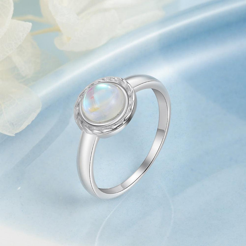 Sterling Silver Etched Halo Ring Featuring a Stunning Cabochon Rainbow Moonstone - Lucid Fantasy 