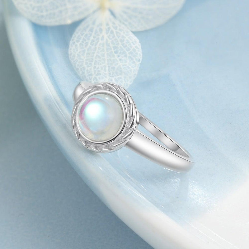 Sterling Silver Etched Halo Ring Featuring a Stunning Cabochon Rainbow Moonstone - Lucid Fantasy 