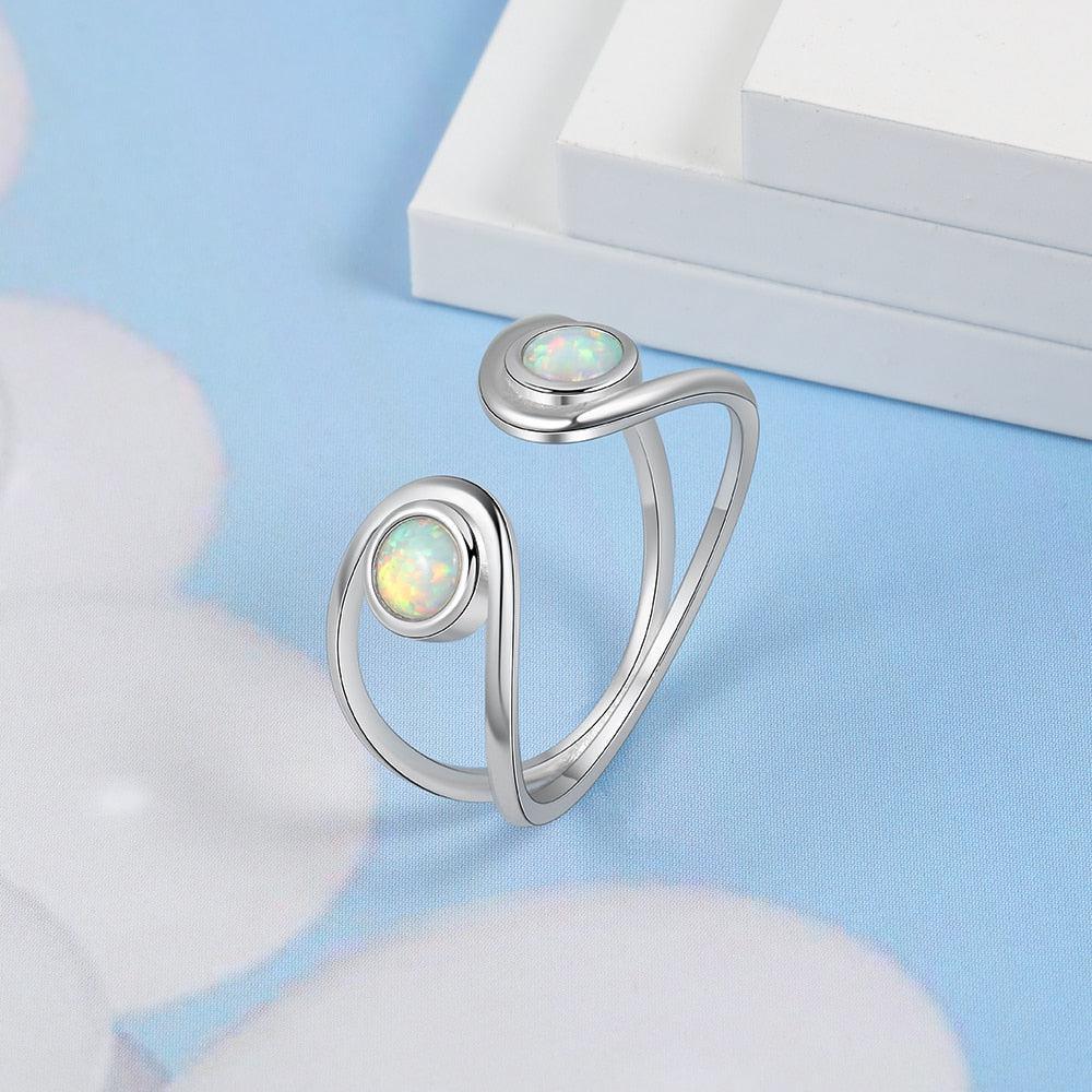 Sterling Silver Floating Opal Double Stone Ring with Cabochon Cut White Opal - Lucid Fantasy 