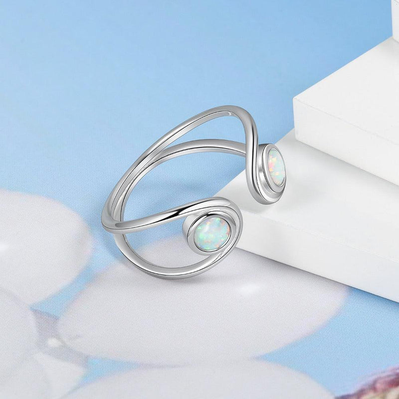 Sterling Silver Floating Opal Double Stone Ring with Cabochon Cut White Opal - Lucid Fantasy 