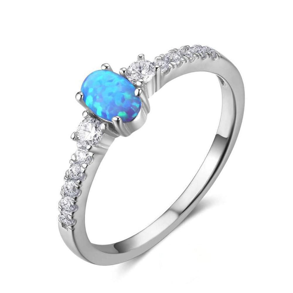 Sterling Silver Opal Center Stone Ring with White CZ Accents - Lucid Fantasy 