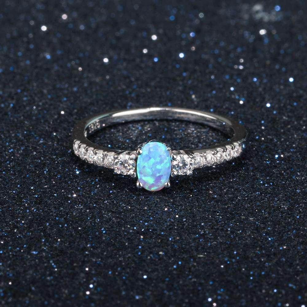 Sterling Silver Opal Center Stone Ring with White CZ Accents - Lucid Fantasy 