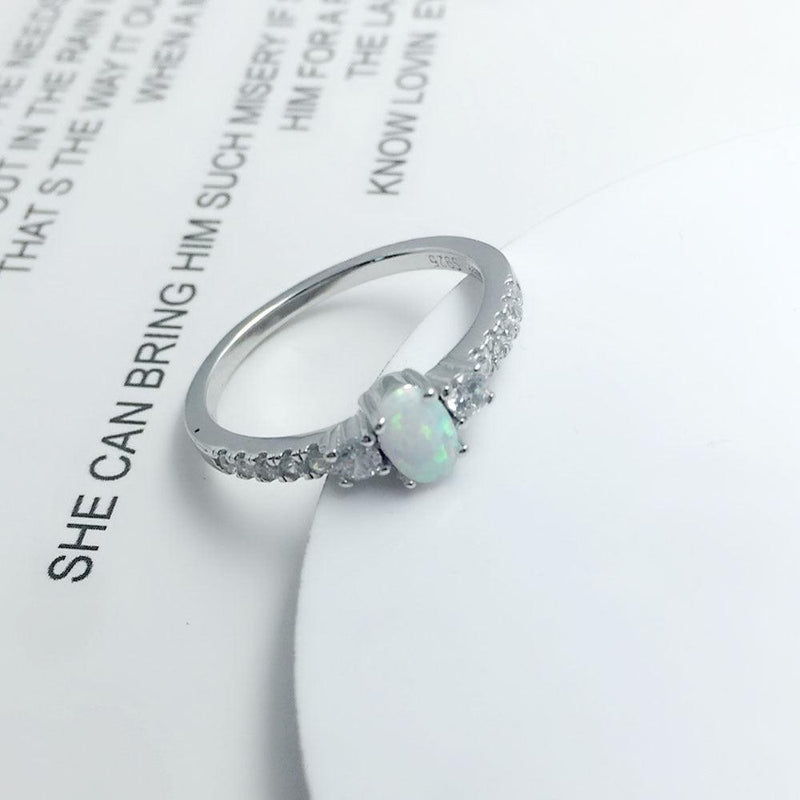 Sterling Silver Opal Center Stone Ring with White CZ Accents - Lucid Fantasy 