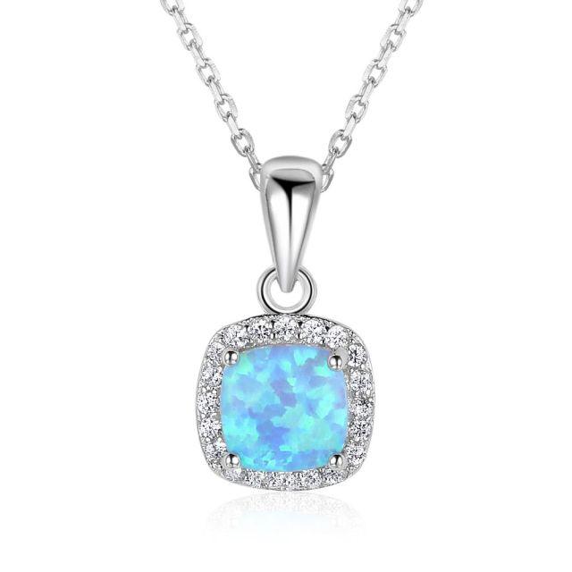 Sterling Silver Opal Halo Necklace with White CZ Accents - Lucid Fantasy 