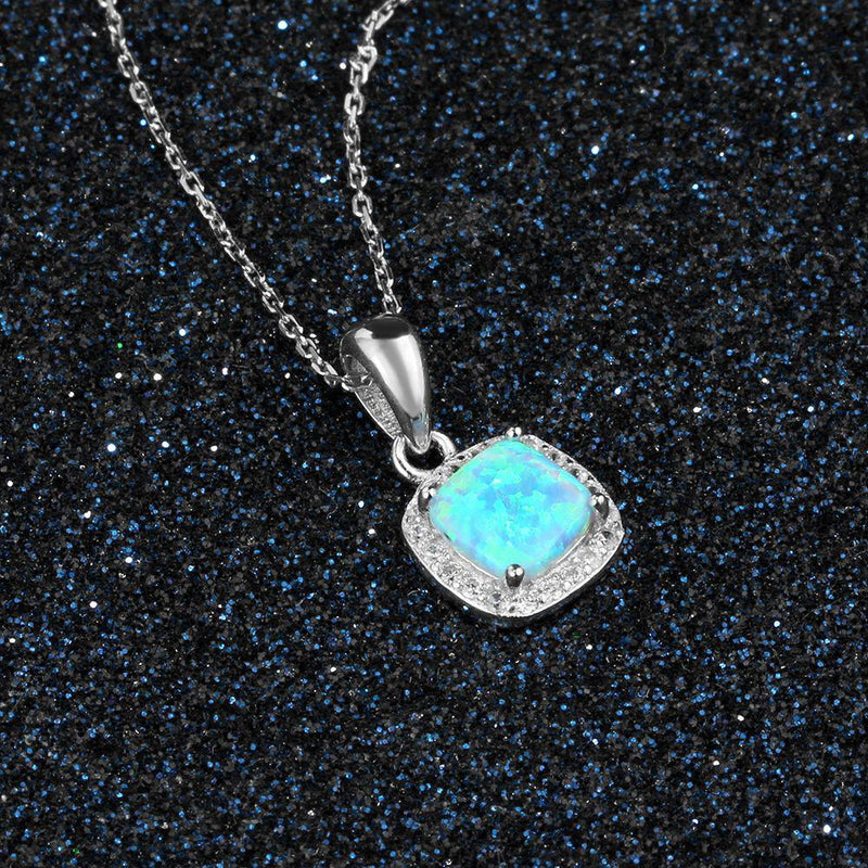 Sterling Silver Opal Halo Necklace with White CZ Accents - Lucid Fantasy 