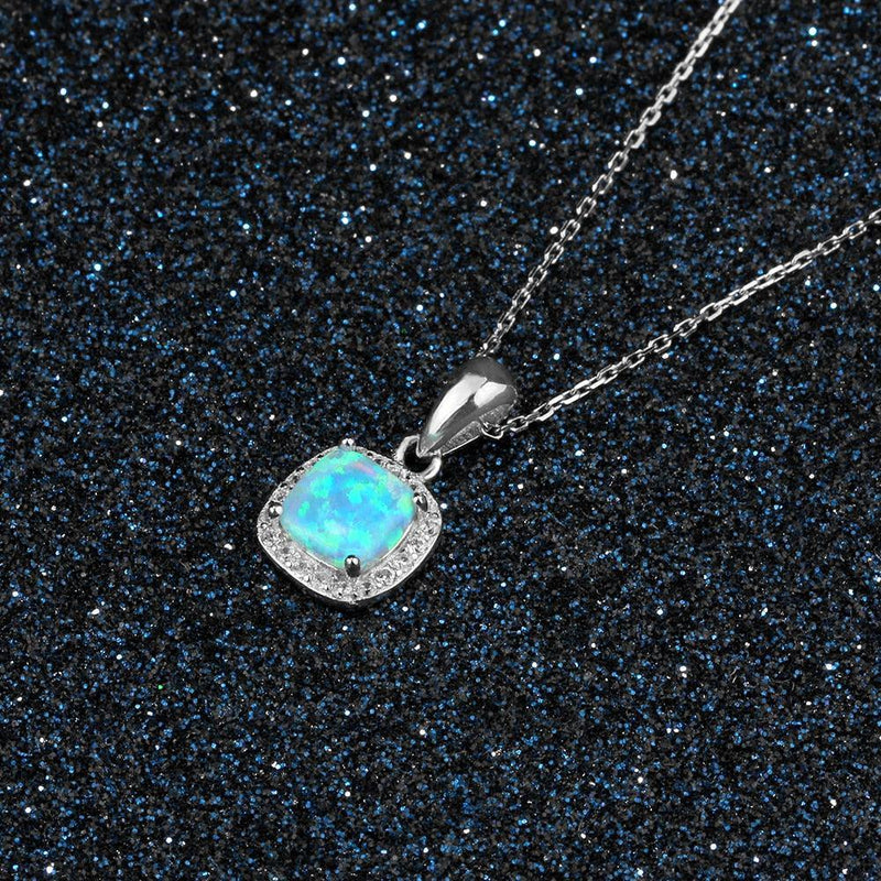 Sterling Silver Opal Halo Necklace with White CZ Accents - Lucid Fantasy 