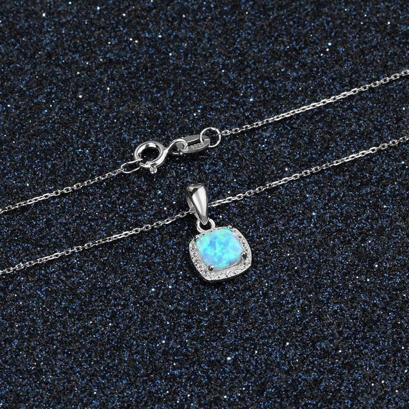 Sterling Silver Opal Halo Necklace with White CZ Accents - Lucid Fantasy 