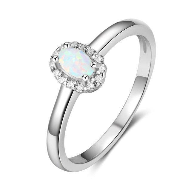 Sterling Silver Opal Halo Ring with White/Blue Cabochon and CZ Accents - Lucid Fantasy 