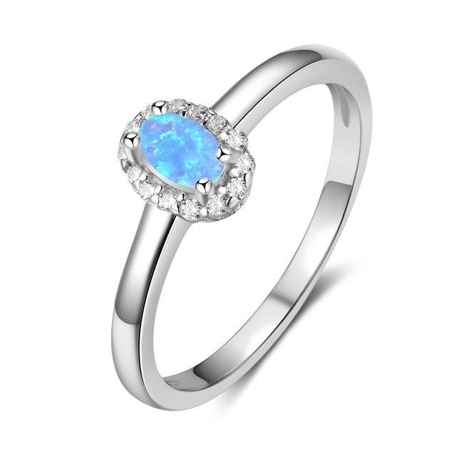 Sterling Silver Opal Halo Ring with White/Blue Cabochon and CZ Accents - Lucid Fantasy 