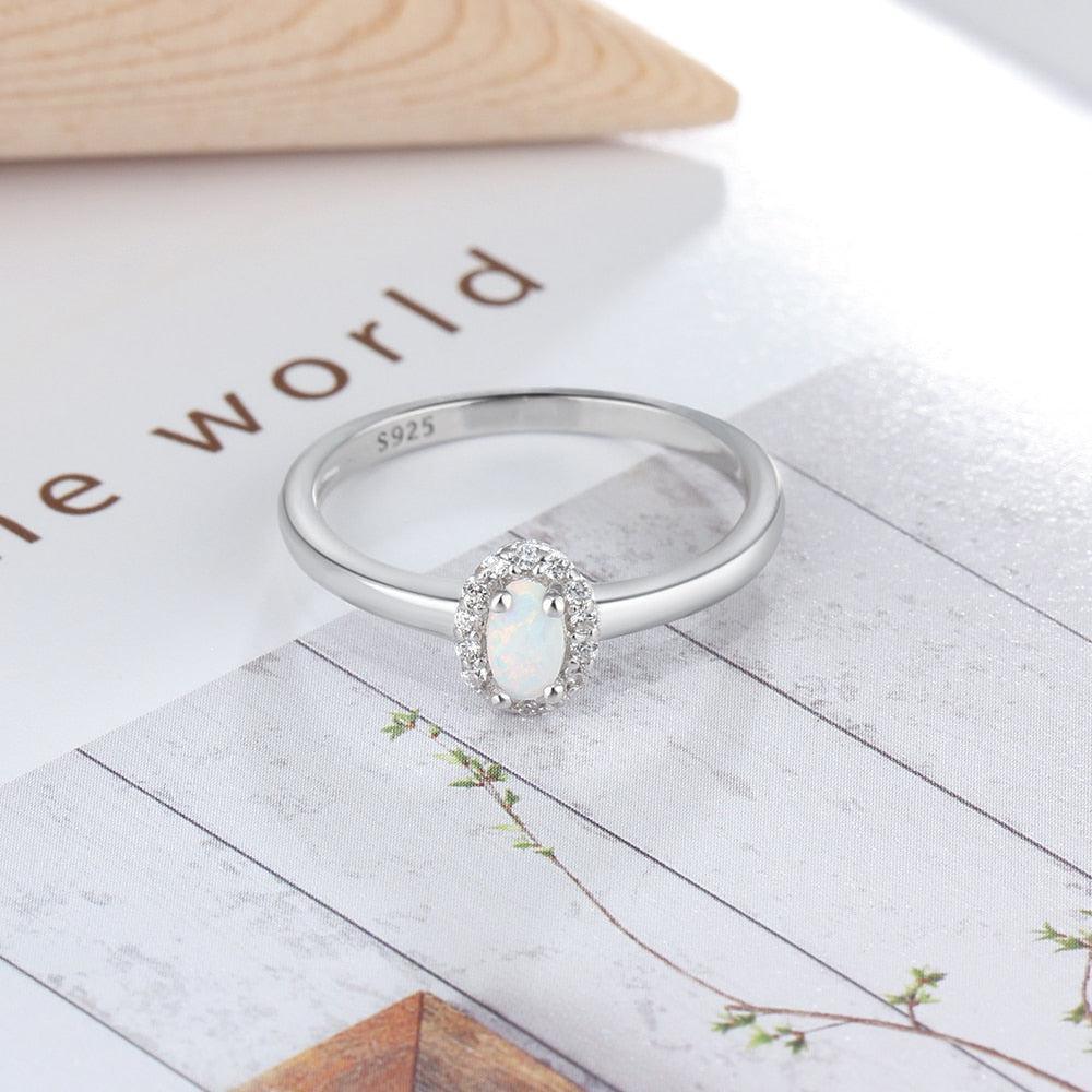 Sterling Silver Opal Halo Ring with White/Blue Cabochon and CZ Accents - Lucid Fantasy 