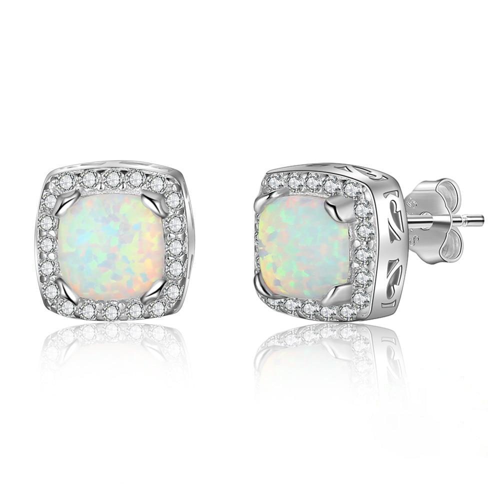 Sterling Silver Opal Halo Stud Earrings with White CZ Accents - Lucid Fantasy 