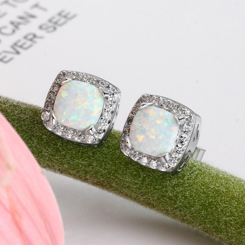 Sterling Silver Opal Halo Stud Earrings with White CZ Accents - Lucid Fantasy 