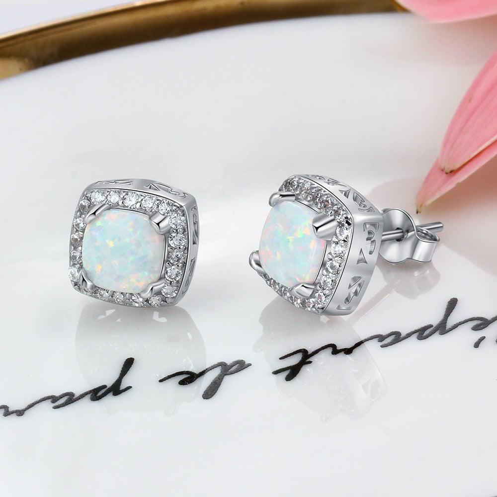 Sterling Silver Opal Halo Stud Earrings with White CZ Accents - Lucid Fantasy 