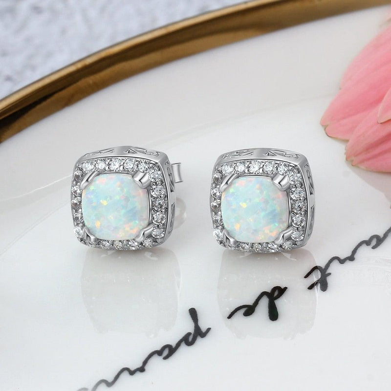 Sterling Silver Opal Halo Stud Earrings with White CZ Accents - Lucid Fantasy 