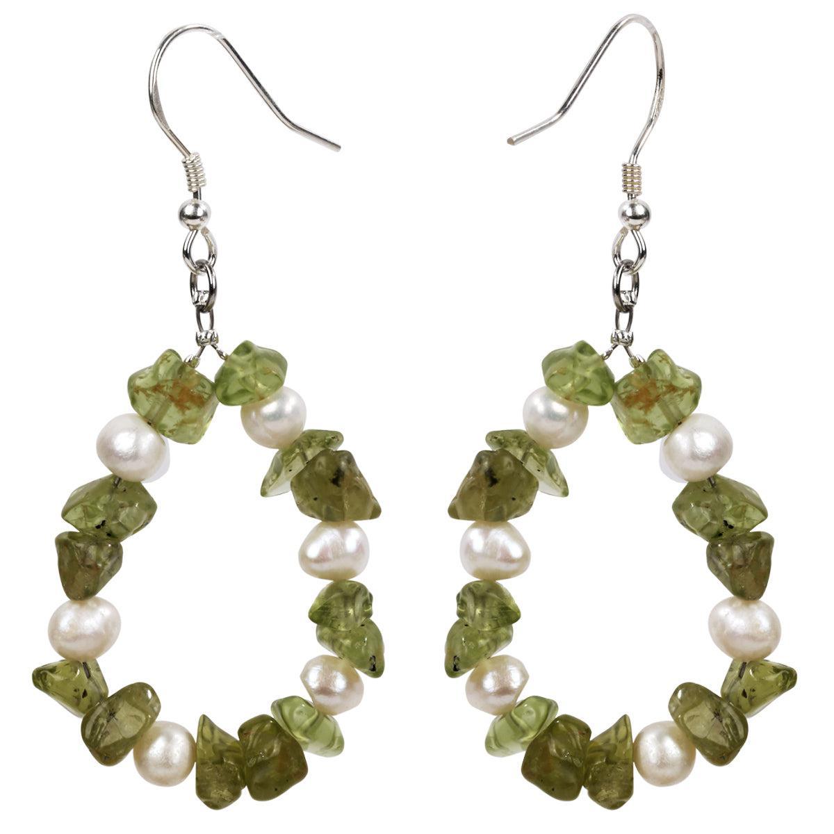 Sterling Silver Peridot and Freshwater Pearl Hoop Dangle Earrings - Lucid Fantasy 