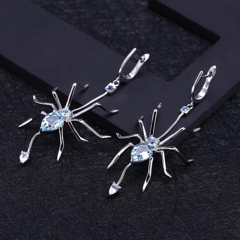 Sterling Silver Spider Earrings with Sky Blue Topaz - Lucid Fantasy 