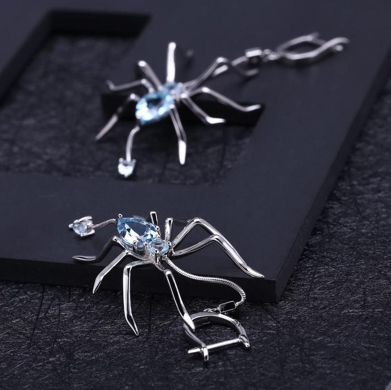 Sterling Silver Spider Earrings with Sky Blue Topaz - Lucid Fantasy 