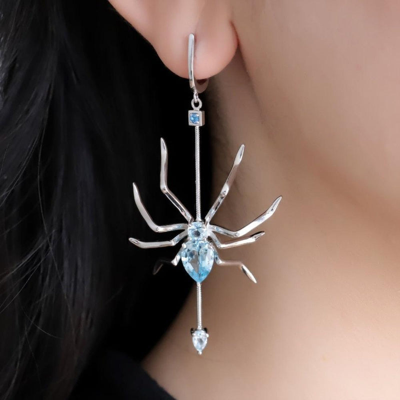 Sterling Silver Spider Earrings with Sky Blue Topaz - Lucid Fantasy 