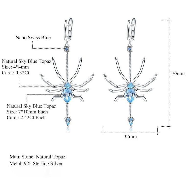 Sterling Silver Spider Earrings with Sky Blue Topaz - Lucid Fantasy 